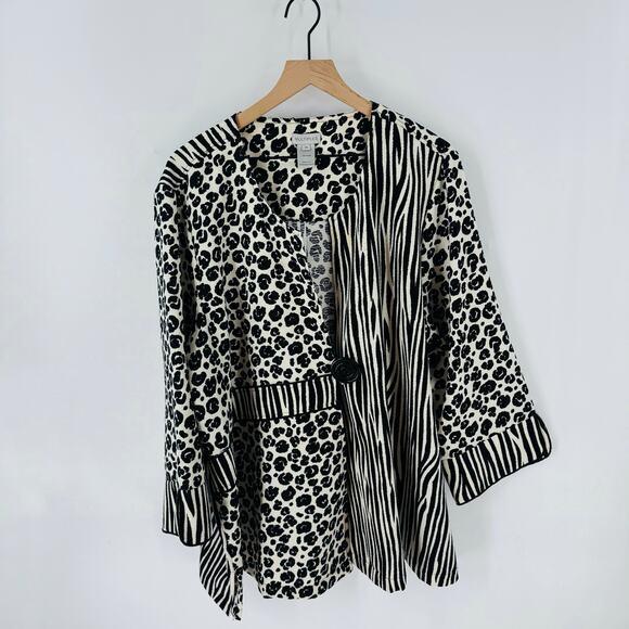 Multiples Jacket 2X Black White Animal Print Mixed Zebra Leopard Open Front - Picture 6 of 9
